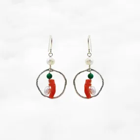 Silver Red Coral Chandelier Earrings