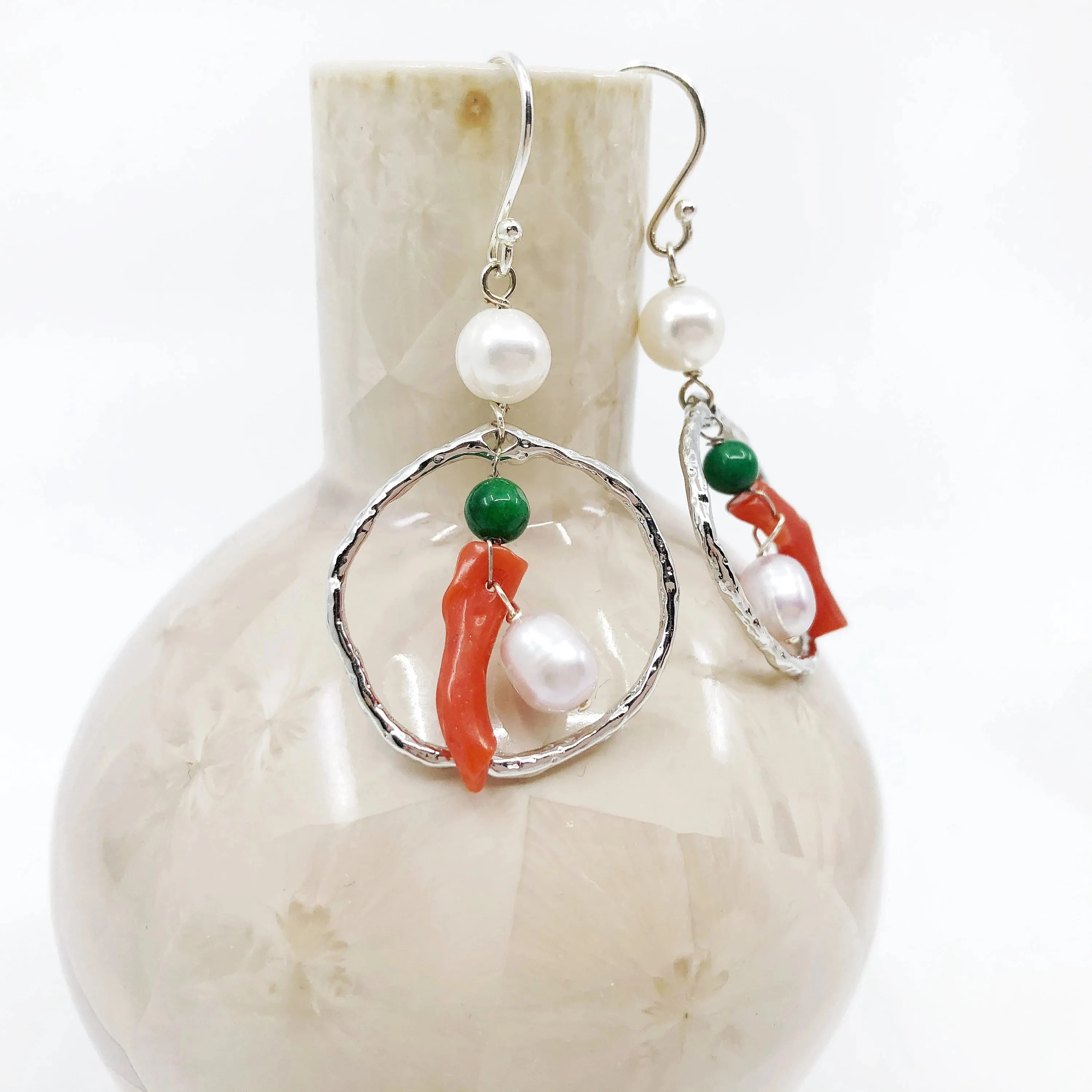 Silver Red Coral Chandelier Earrings