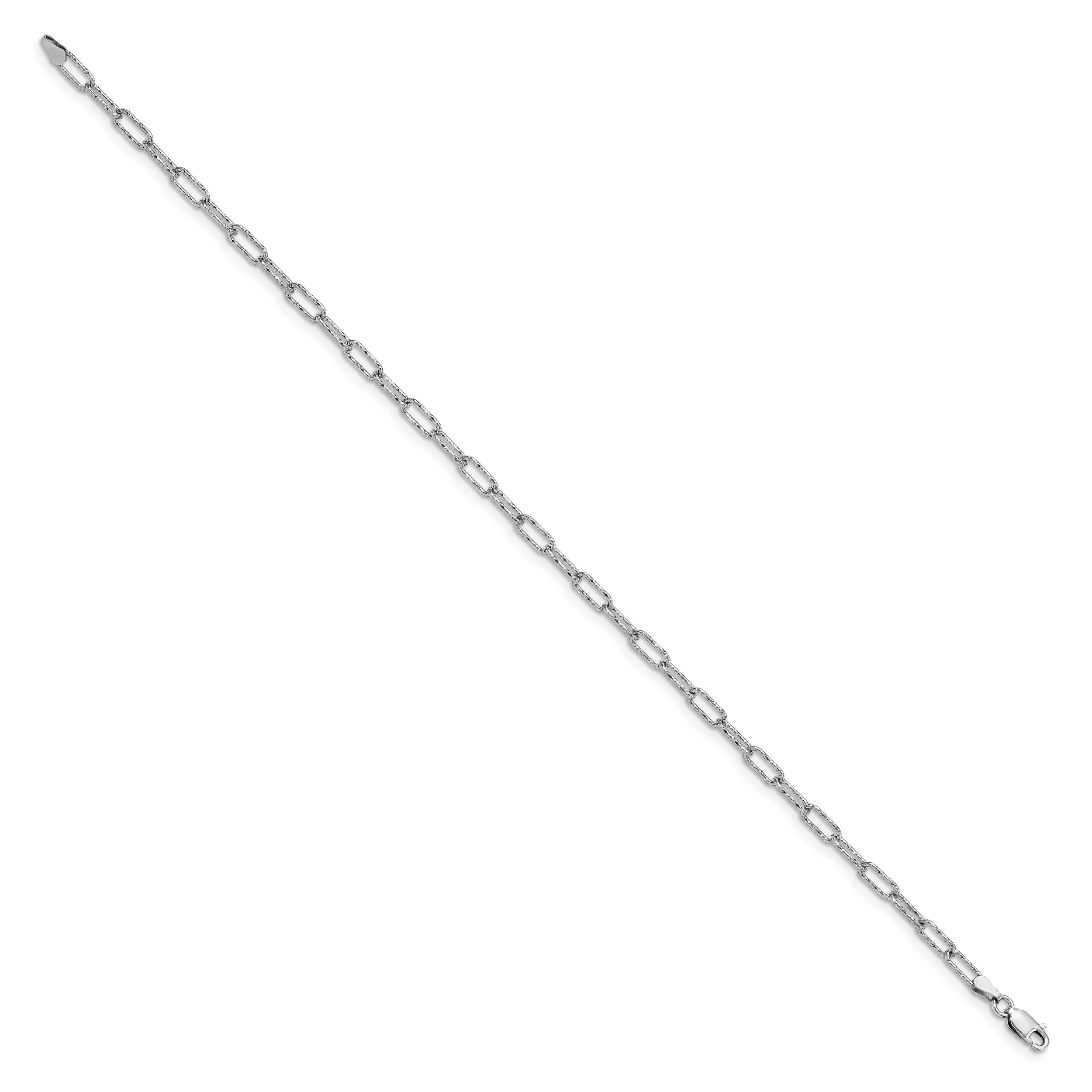 Silver Rhodium Polished Textured Link Anklet