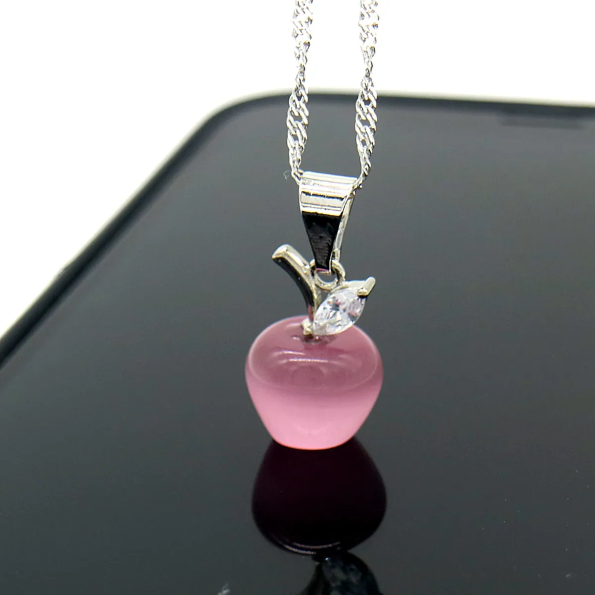 Silver-Tone Created Opal Pink Apple Pendant Necklace