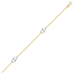 Size: 10'' - 14k Two Tone Gold Entwined Heart Stationed Anklet