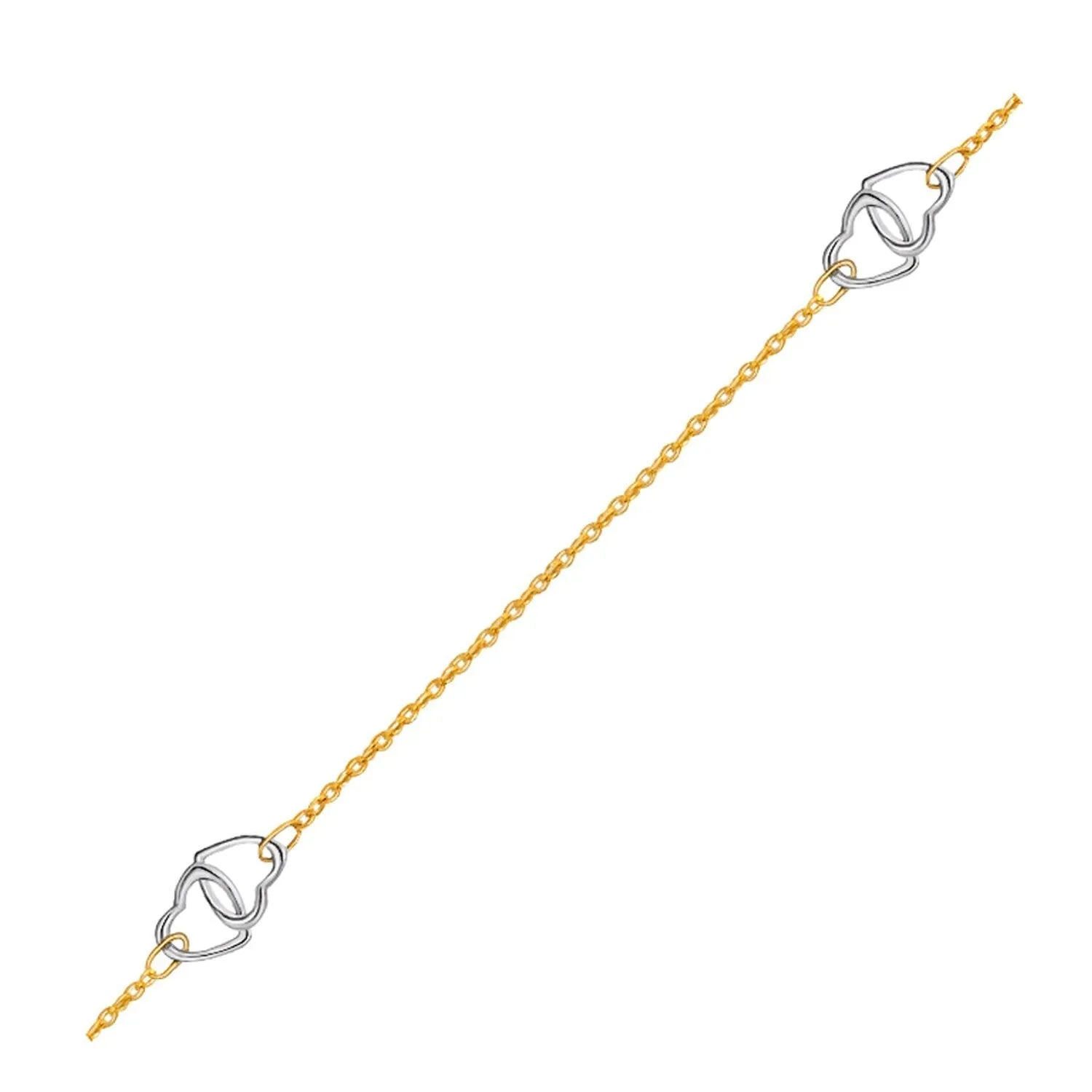 Size: 10'' - 14k Two Tone Gold Entwined Heart Stationed Anklet