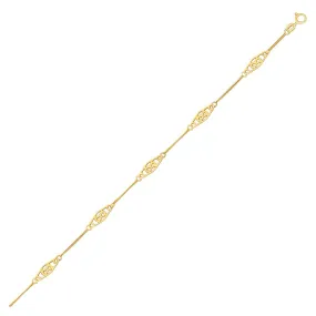 Size: 10'' - 14k Yellow Gold Anklet with Fancy Diamond Shape Filigree Stations