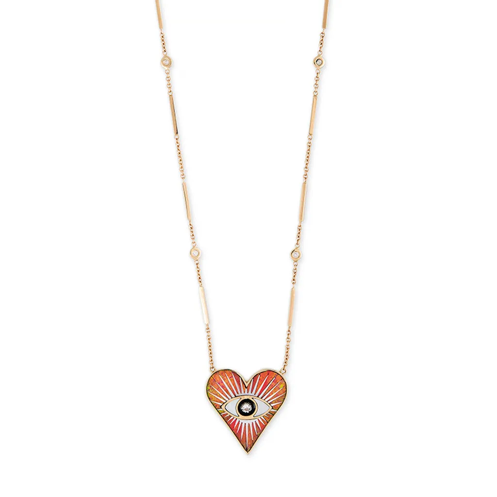 SMALL ORANGE OPAL INLAY EYE BURST HEART NECKLACE