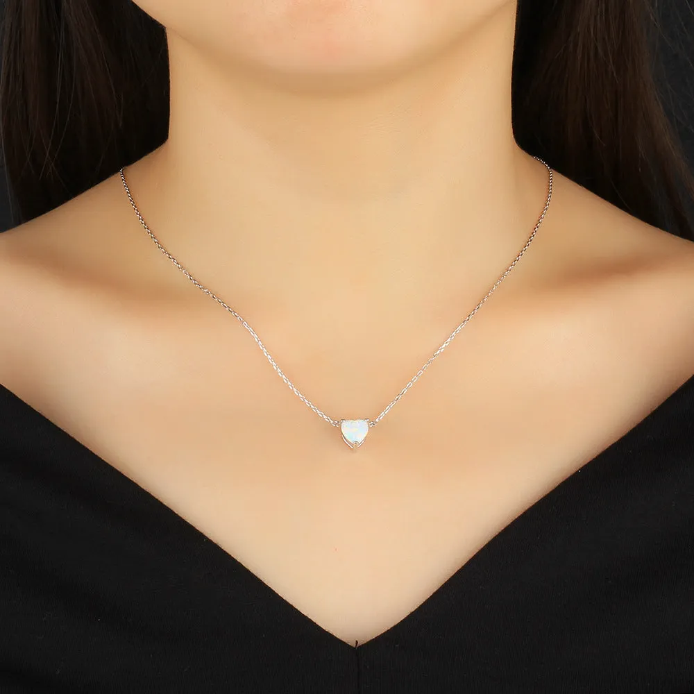 Solitaire Heart Shape Opal Sterling Silver Necklace