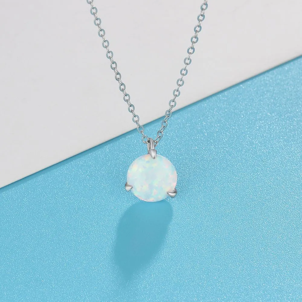 Solitaire Round Opal Sterling Silver Necklace