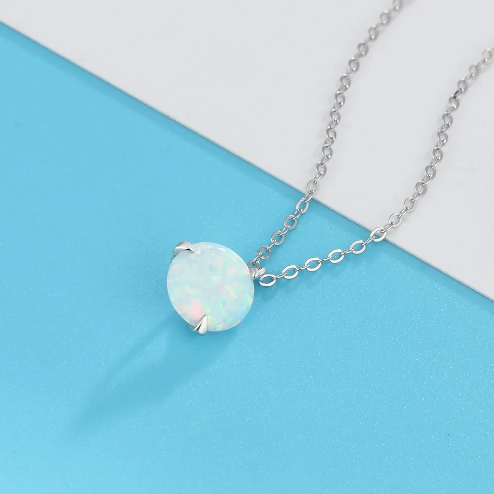 Solitaire Round Opal Sterling Silver Necklace