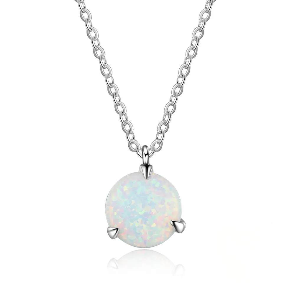 Solitaire Round Opal Sterling Silver Necklace