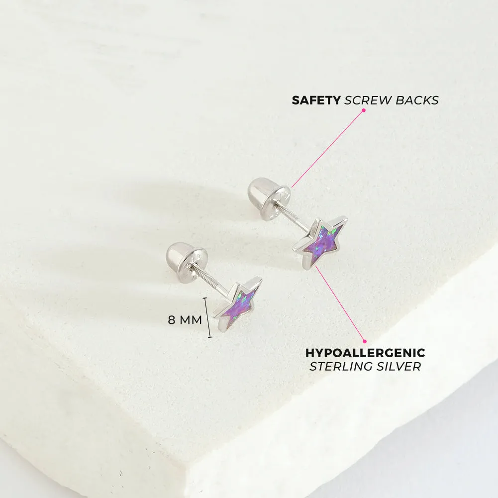 Sparkle Star Opal Kids / Children's / Girls Earrings Screw Back - Sterling Silver