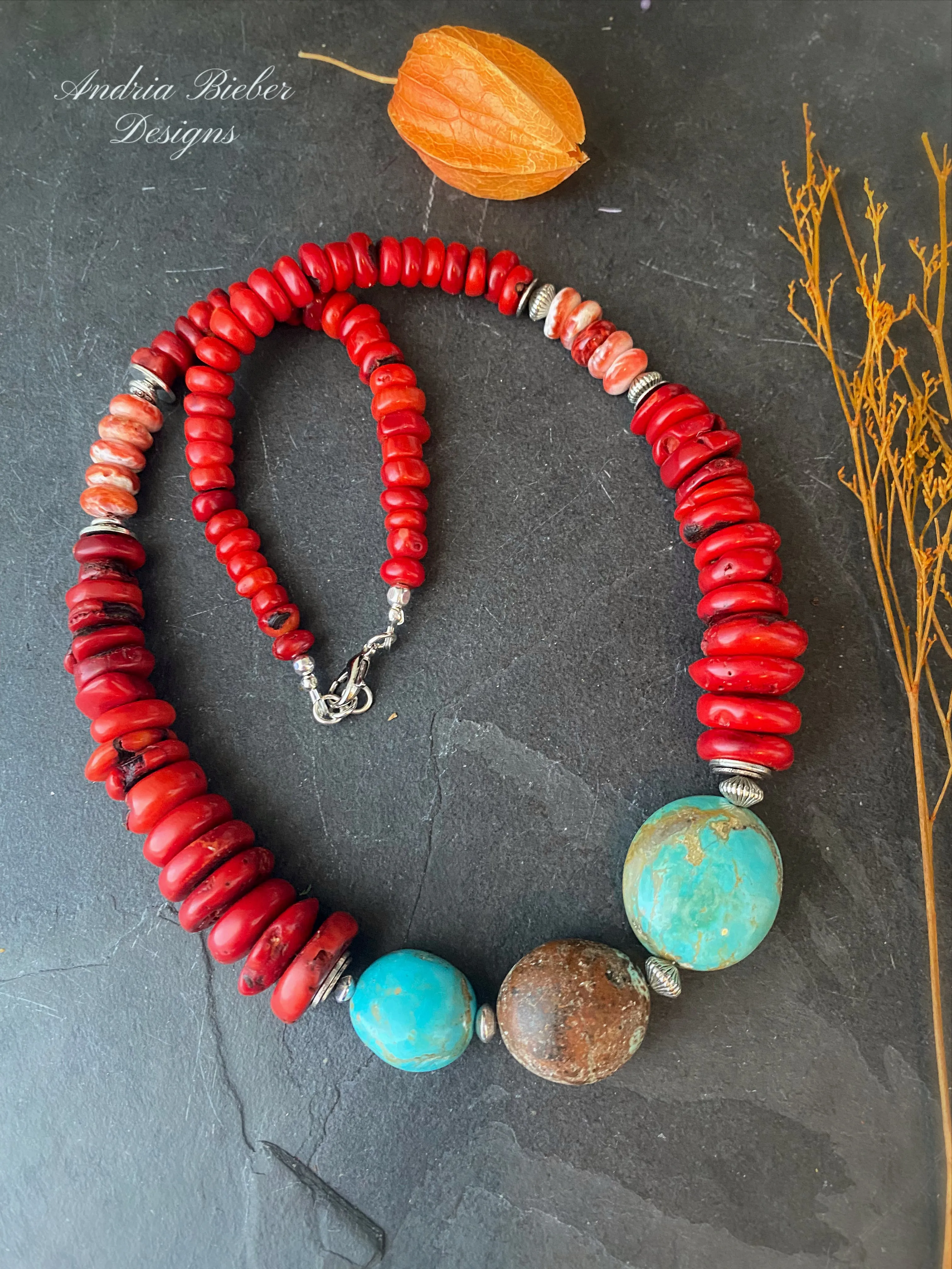 Spiney oyster, Red coral, Kingman turquoise, silver metal, necklace