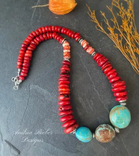 Spiney oyster, Red coral, Kingman turquoise, silver metal, necklace