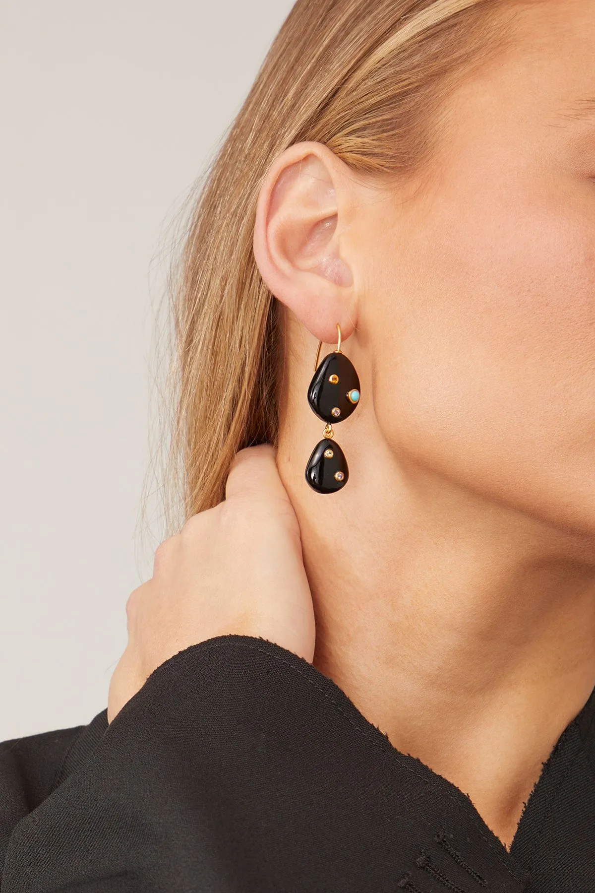 Stacked Stone Earrings in Black Agate