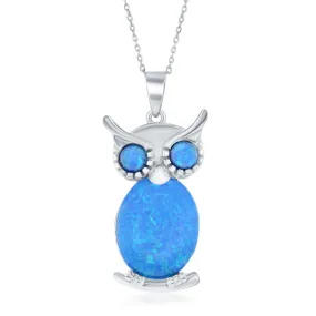 Sterling Silver Blue Created Opal Inlay Owl Necklace (95463)