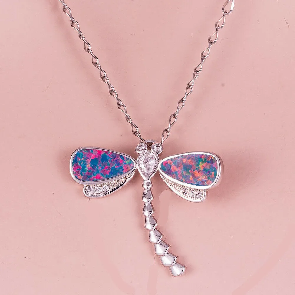 Sterling Silver Blue Fire Opal Dragonfly Pendant Necklace