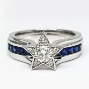 Sterling Silver Created Blue and White Sapphire Star Shape Ring