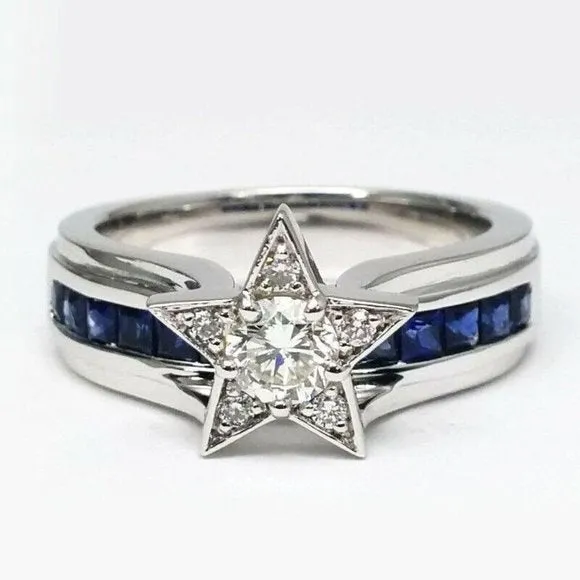 Sterling Silver Created Blue and White Sapphire Star Shape Ring