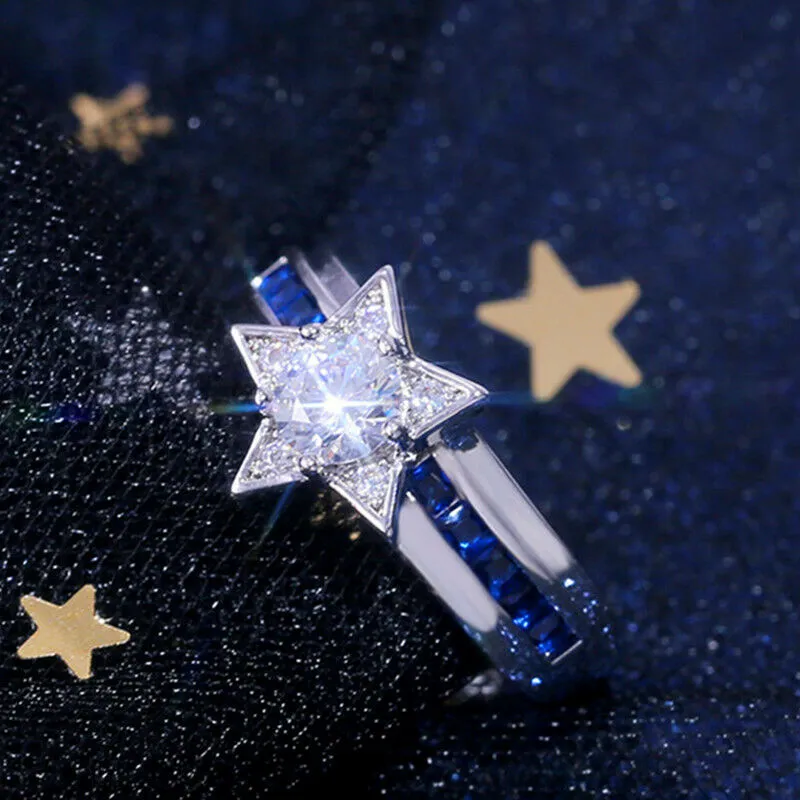 Sterling Silver Created Blue and White Sapphire Star Shape Ring