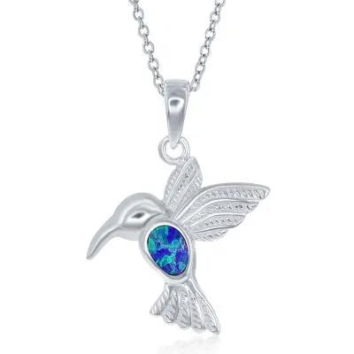 Sterling Silver Created Blue Opal Inlay Hummingbird Necklace (91302)