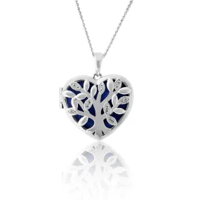 Sterling Silver Cubic Zirconia Tree of Life Locket with Blue Velvet Pendant