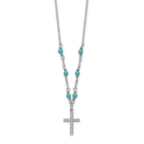 Sterling Silver CZ And Synthetic Turquoise Cross Pendant Necklace