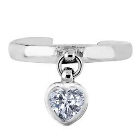 Sterling Silver Dangling Heart Shape CZ Cuff Style Adjustable Toe Ring