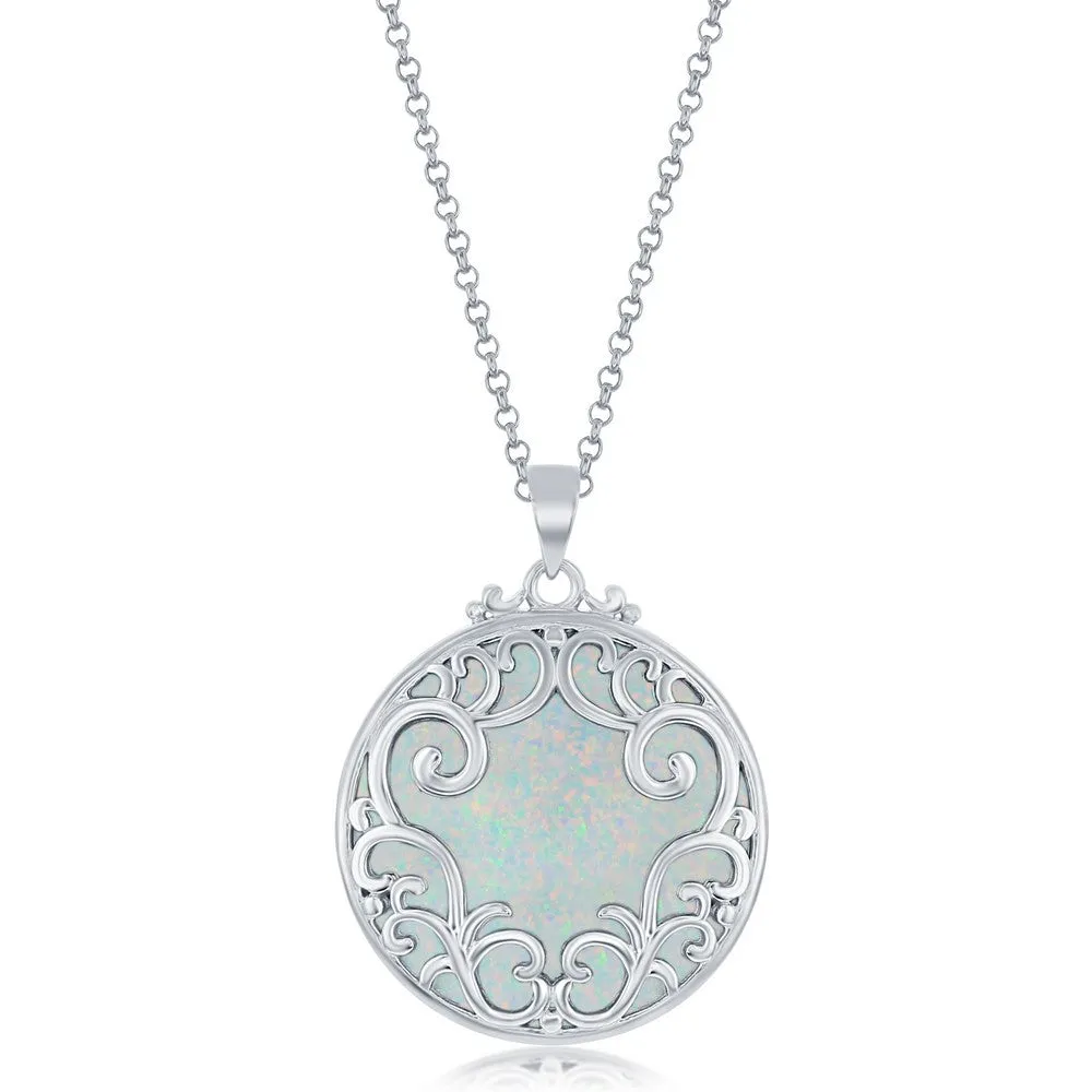 Sterling Silver Filigree with Round Created White Opal Necklace (97588)