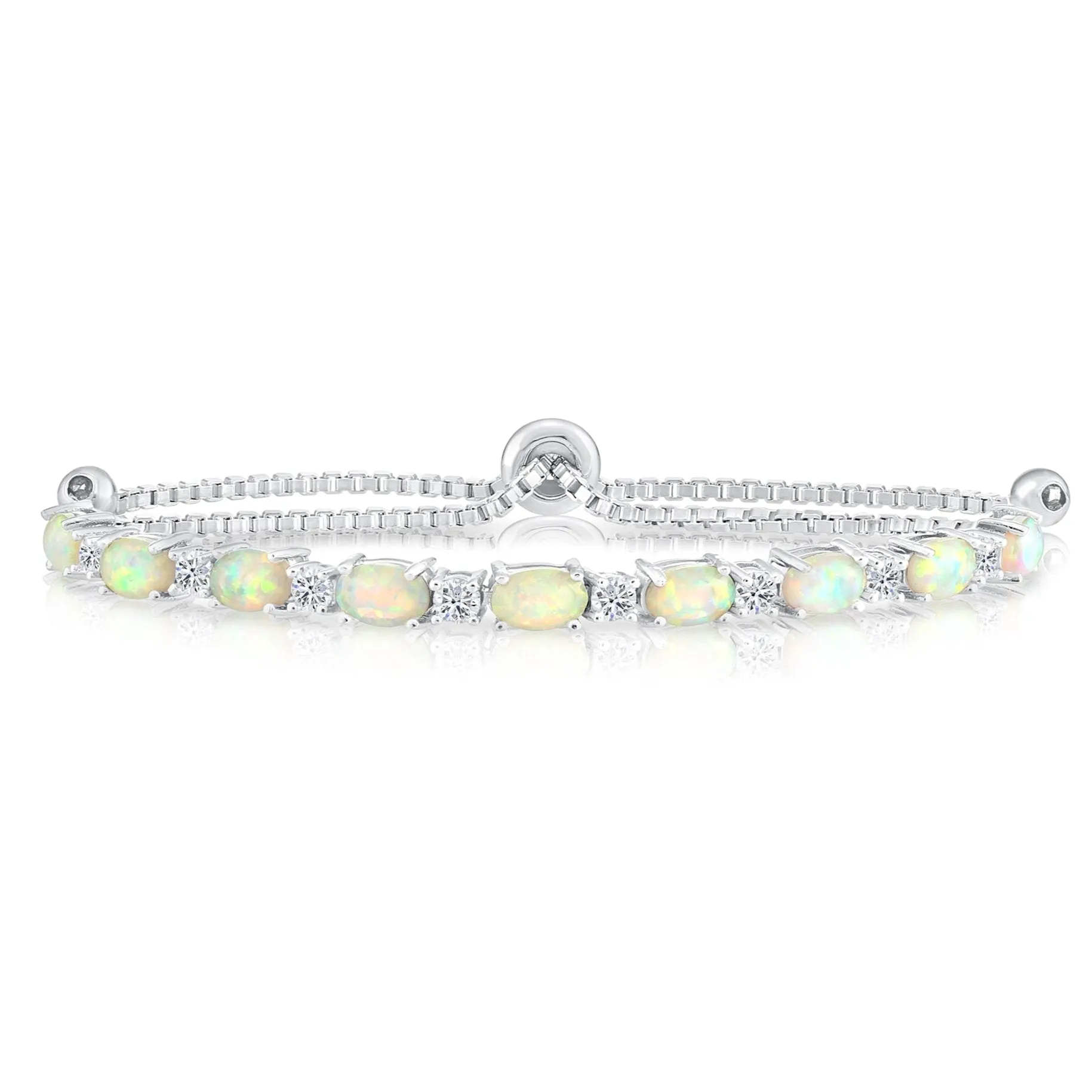 Sterling Silver Fire Opal Adjustable Bracelet With Cubic Zirconia Stones