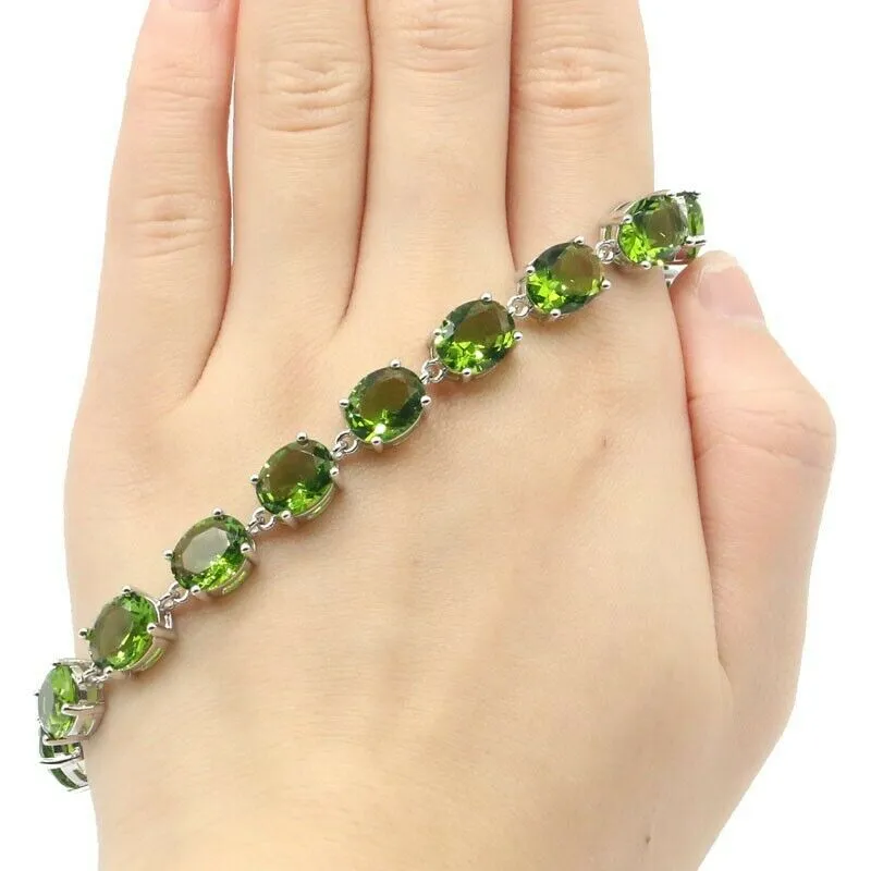 Sterling Silver Oval Cut Green Peridot Tennis Bracelet