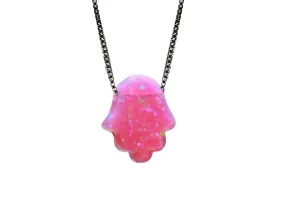 Sterling Silver Pink Opal Mini Hamsa Necklace 18 inch