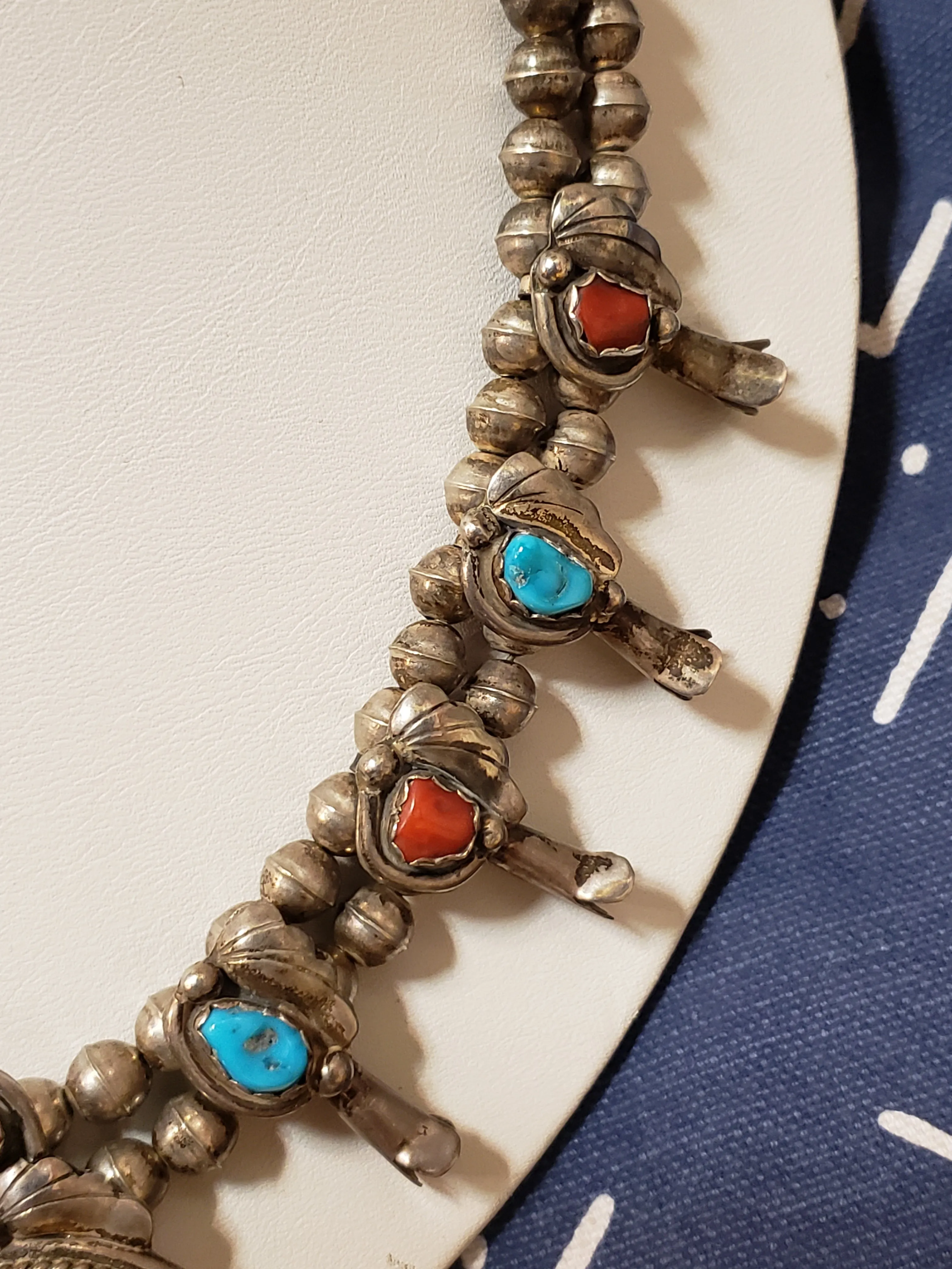 Sterling, Turquoise & Coral Squash Blossom Necklace