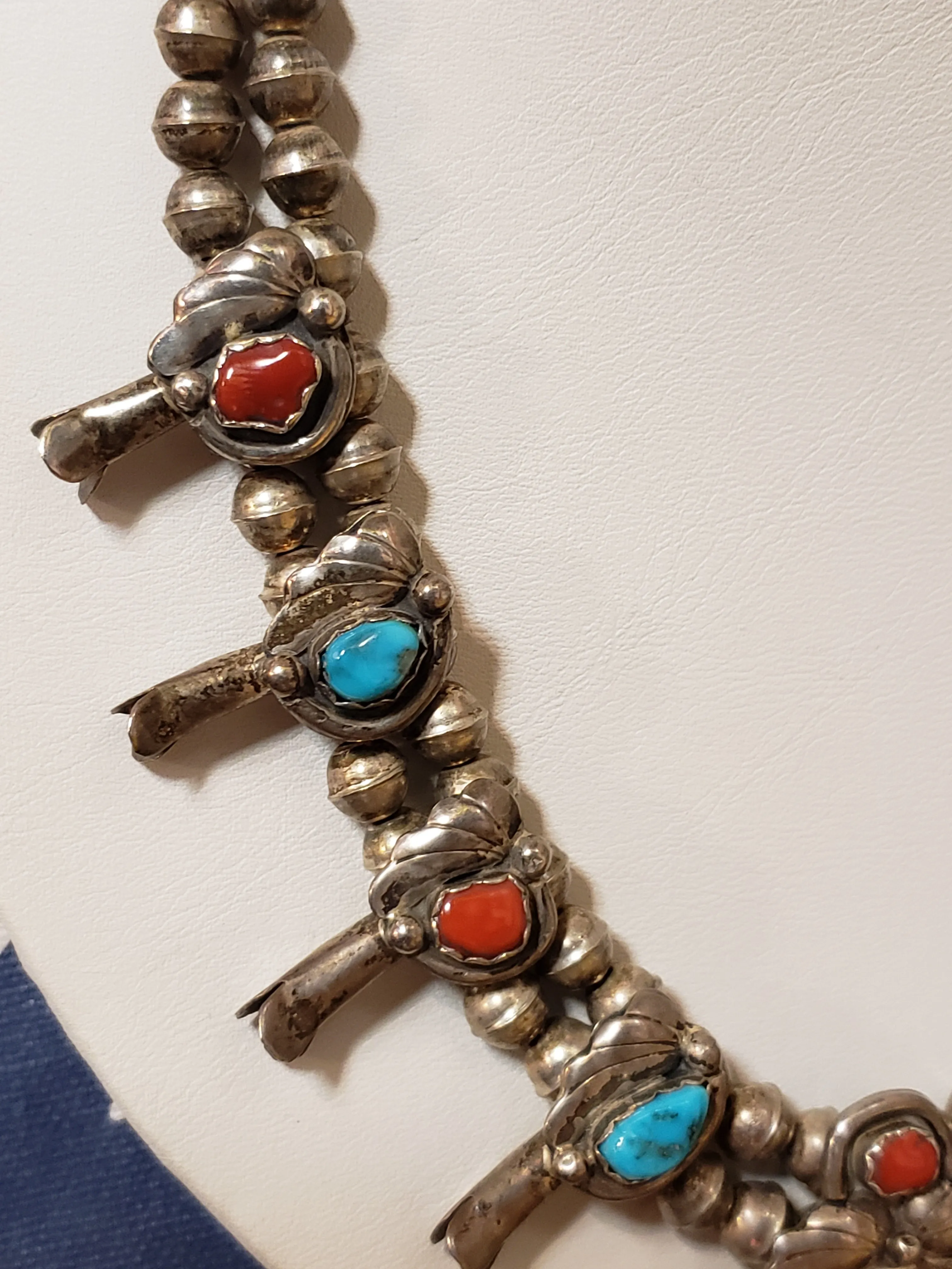 Sterling, Turquoise & Coral Squash Blossom Necklace