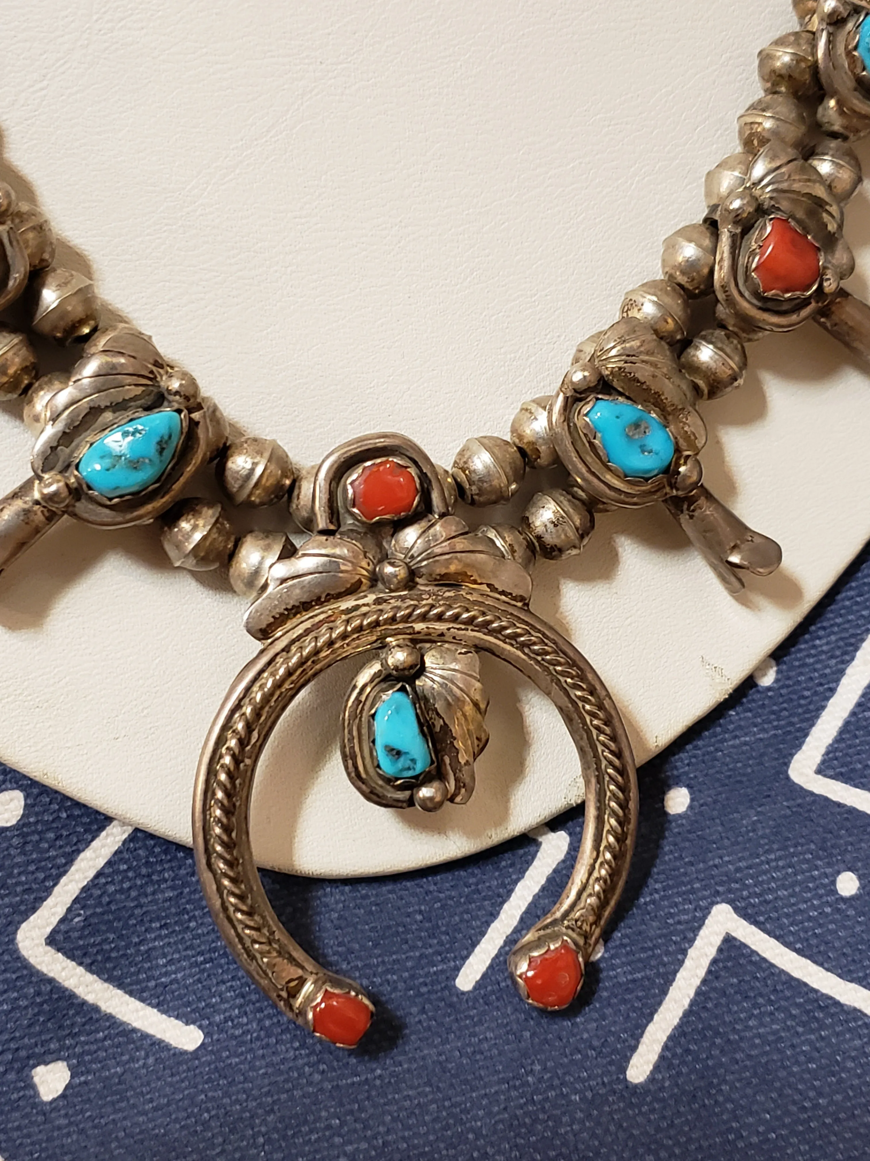 Sterling, Turquoise & Coral Squash Blossom Necklace