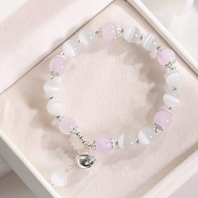 Sweet Style Natural Pink Quartz Strawberry Crystal Bracelet with Opal- Sterling Silver Bracelet for Girlfriend's Birthday Gift