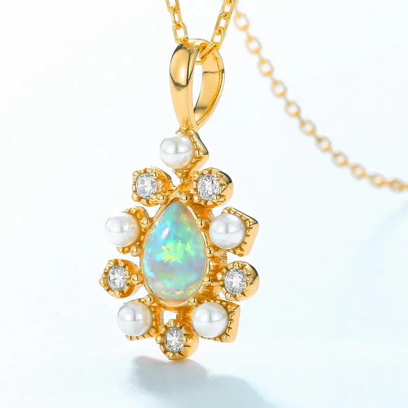 Teardrop Opal  With Pearl Pendant Necklace