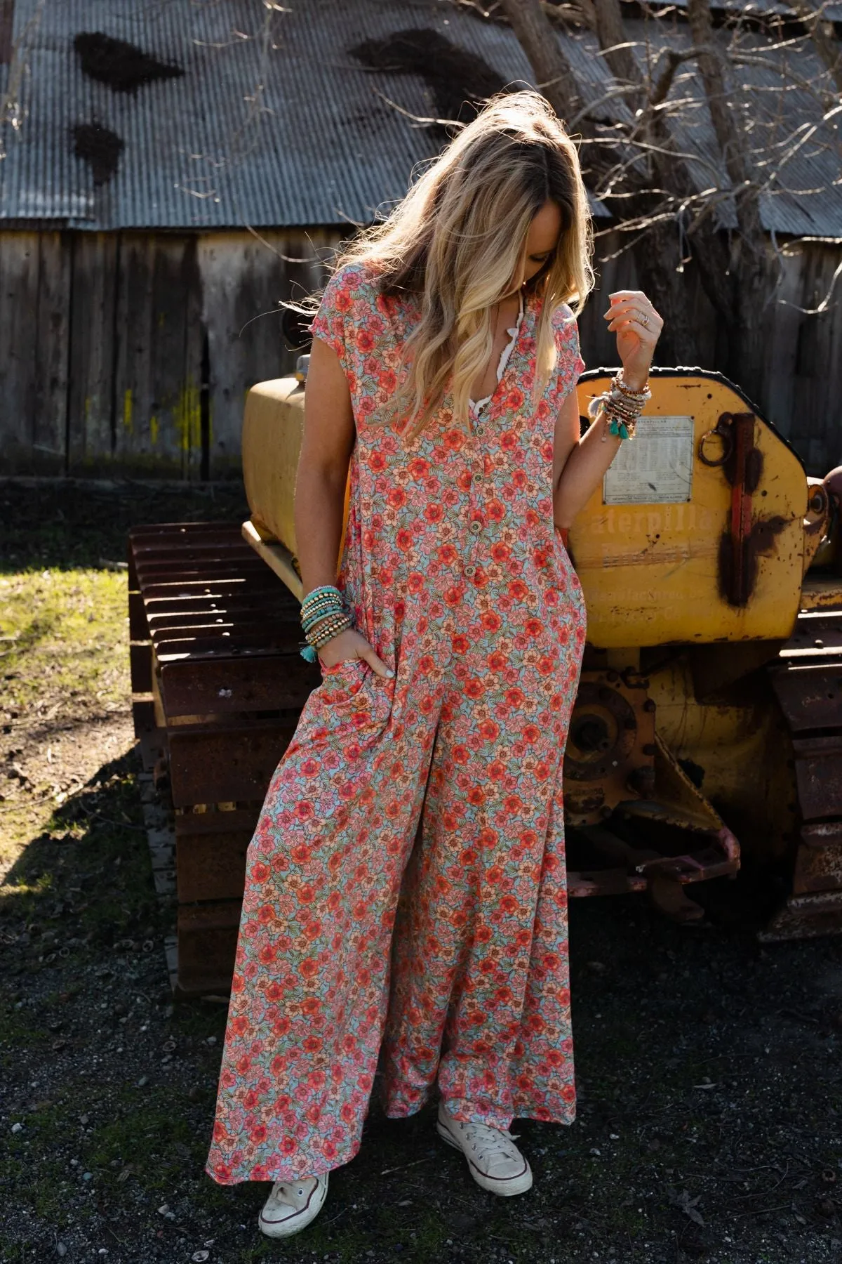 The Nest Daphne Floral Print Jumpsuit - Coral