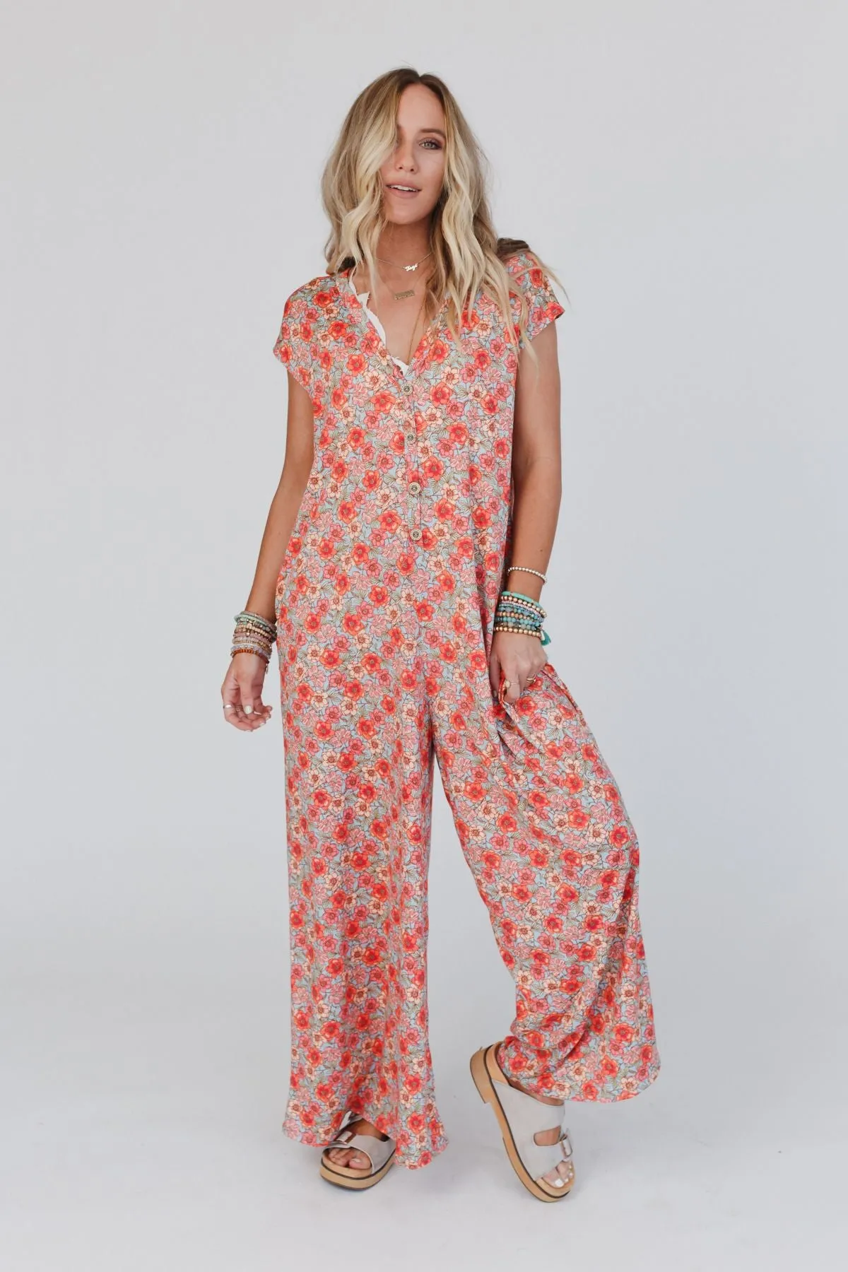 The Nest Daphne Floral Print Jumpsuit - Coral