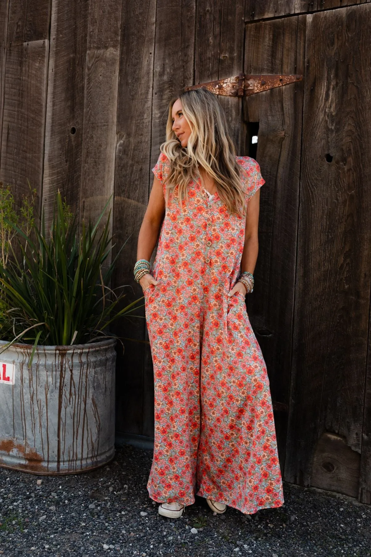 The Nest Daphne Floral Print Jumpsuit - Coral