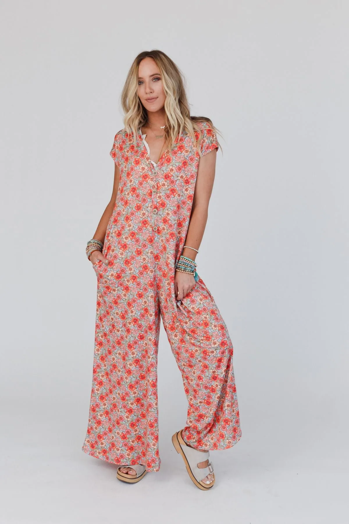 The Nest Daphne Floral Print Jumpsuit - Coral