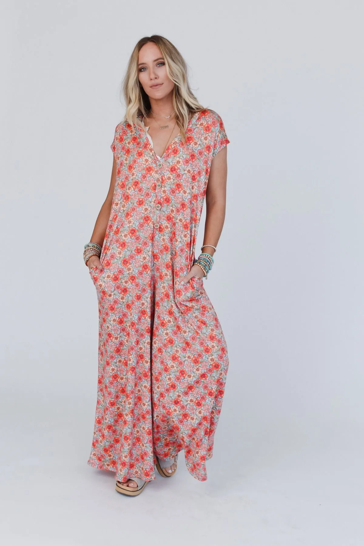 The Nest Daphne Floral Print Jumpsuit - Coral