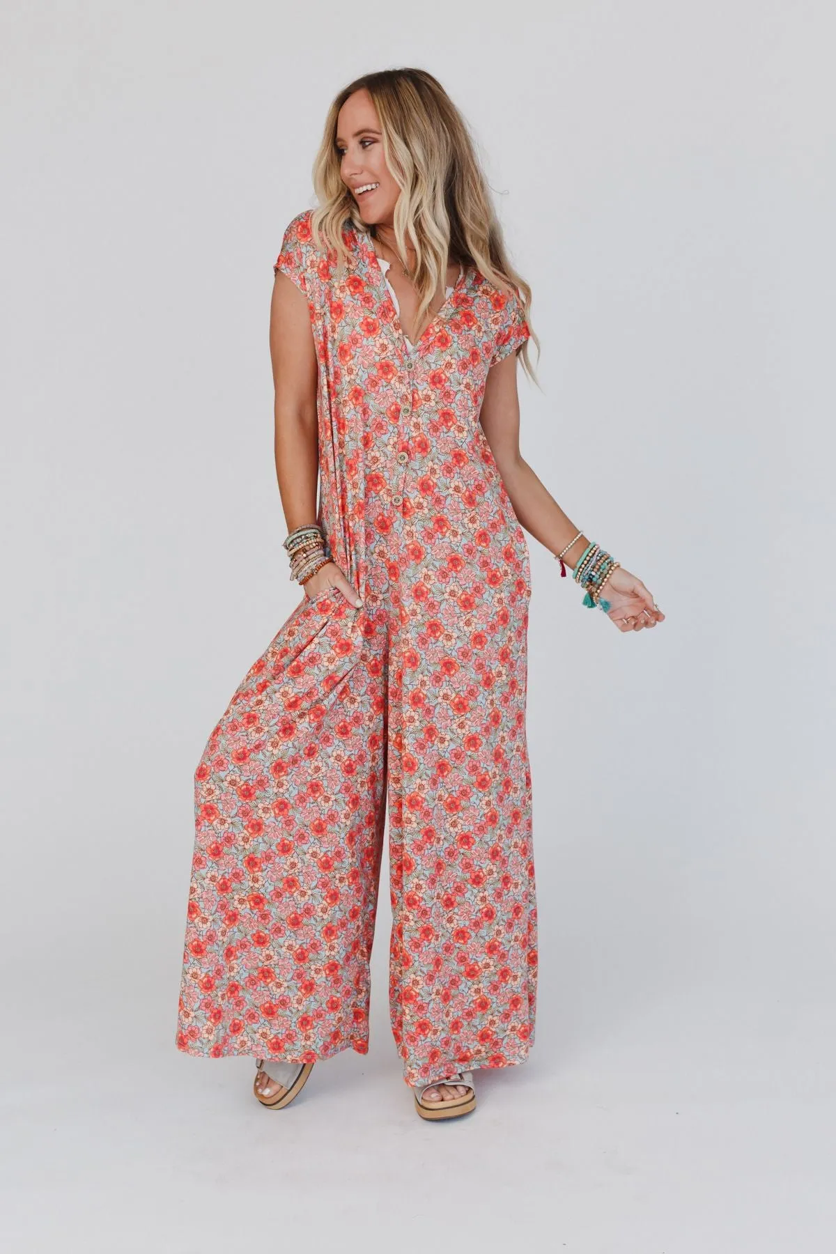 The Nest Daphne Floral Print Jumpsuit - Coral