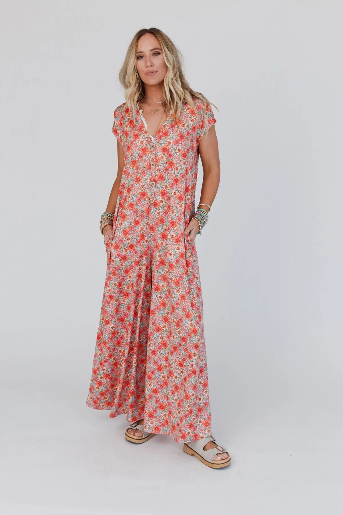 The Nest Daphne Floral Print Jumpsuit - Coral