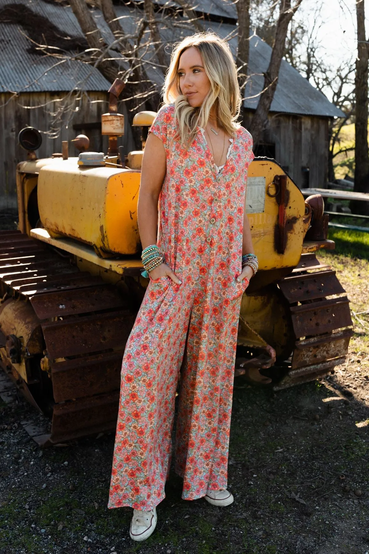 The Nest Daphne Floral Print Jumpsuit - Coral