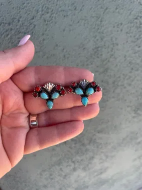 “The Prickly Earring” Handmade Sterling Silver, Turquoise & Coral Cactus Earrings