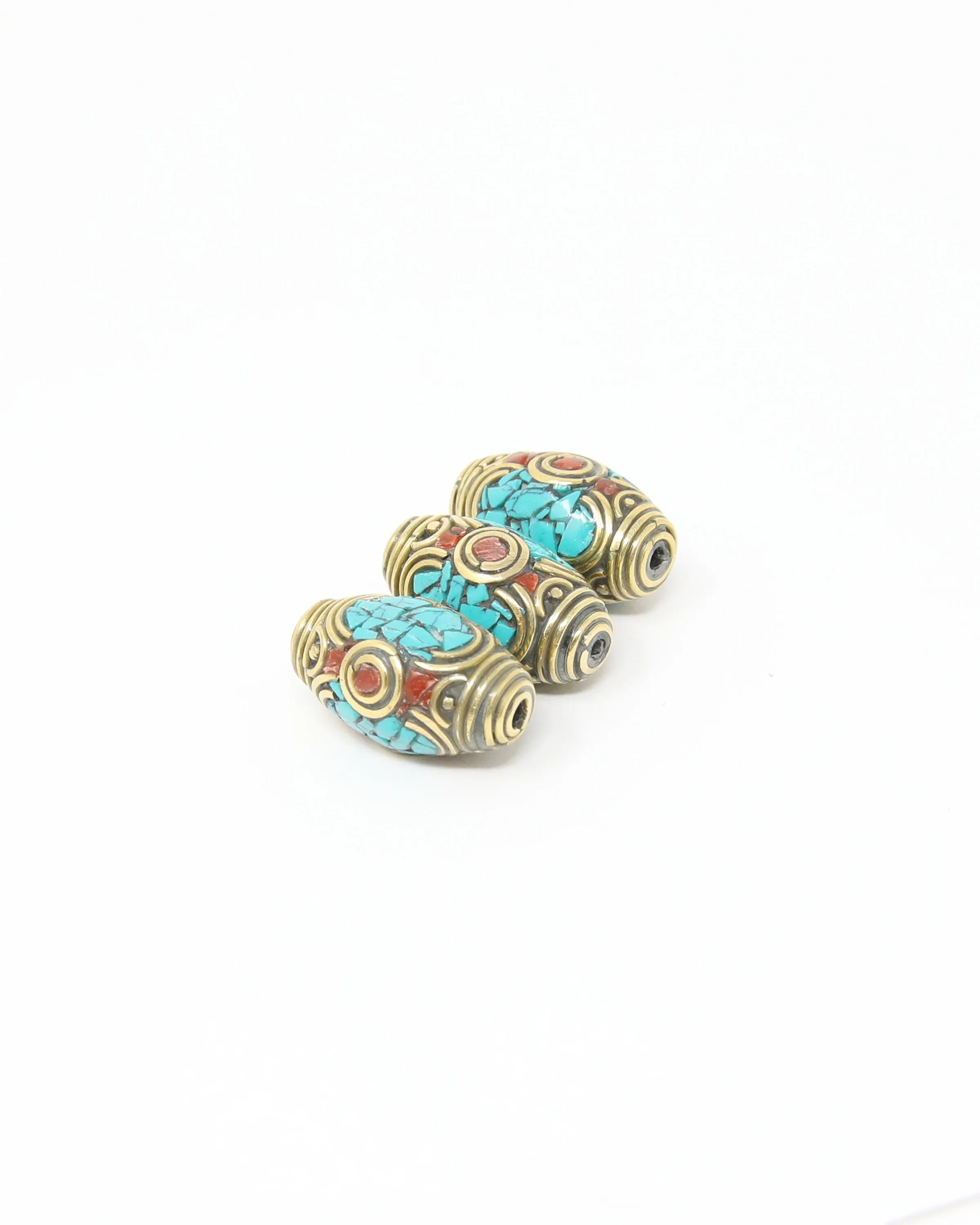 Tibetan Barrel Brass Coral Turquoise Inlaid Decorative Beads -  N102