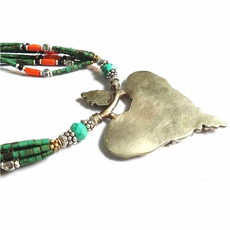 Tibetan Hand Hammered Brass, Turquoise & Coral Heart Necklace