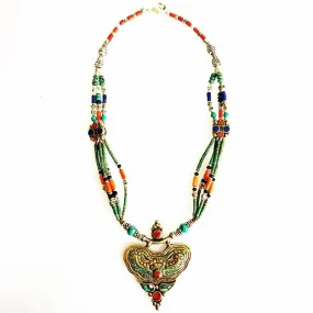 Tibetan Hand Hammered Brass, Turquoise & Coral Heart Necklace