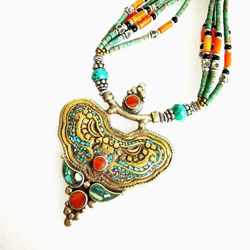 Tibetan Hand Hammered Brass, Turquoise & Coral Heart Necklace