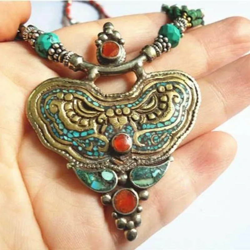 Tibetan Hand Hammered Brass, Turquoise & Coral Heart Necklace