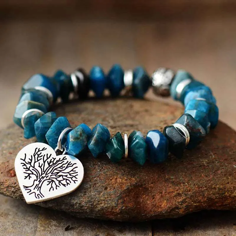 Tree of Life Apatite Stretch Bracelet - Handmade, Vegan & Cruelty-Free, Unisex Bohemian Style