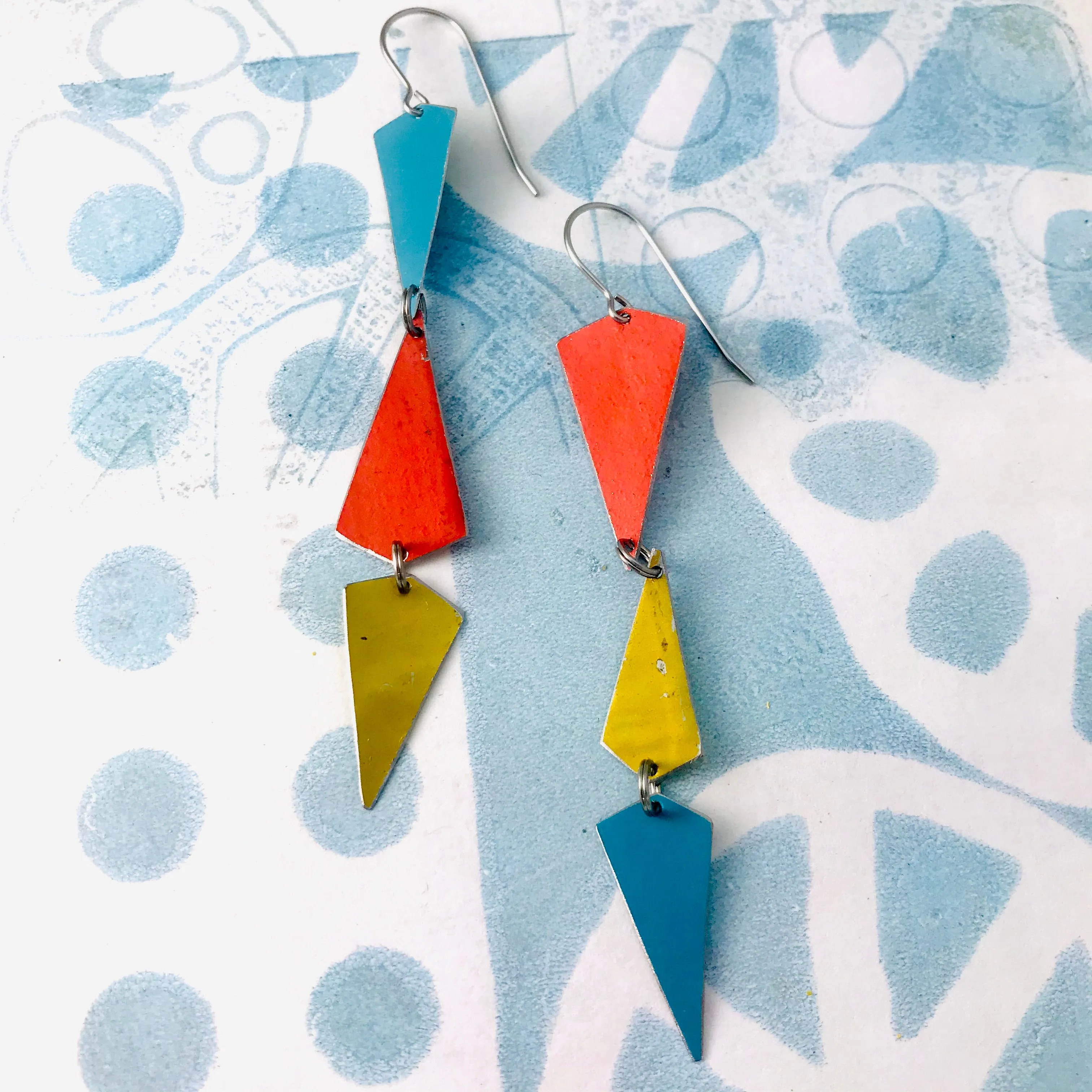 Turquoise, Gold & Coral Small Narrow Kites Recycled Tin Earrings